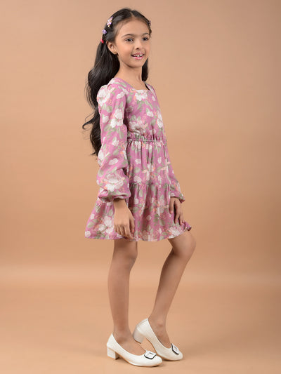 Multi-Color Floral Print Square Neck A-Line Dress-Girls Dresses-Crimsoune Club