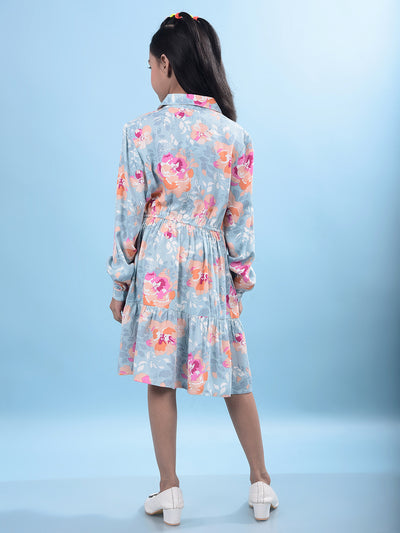 Multi-Color Floral Print Shirt Dress-Girls Dresses-Crimsoune Club