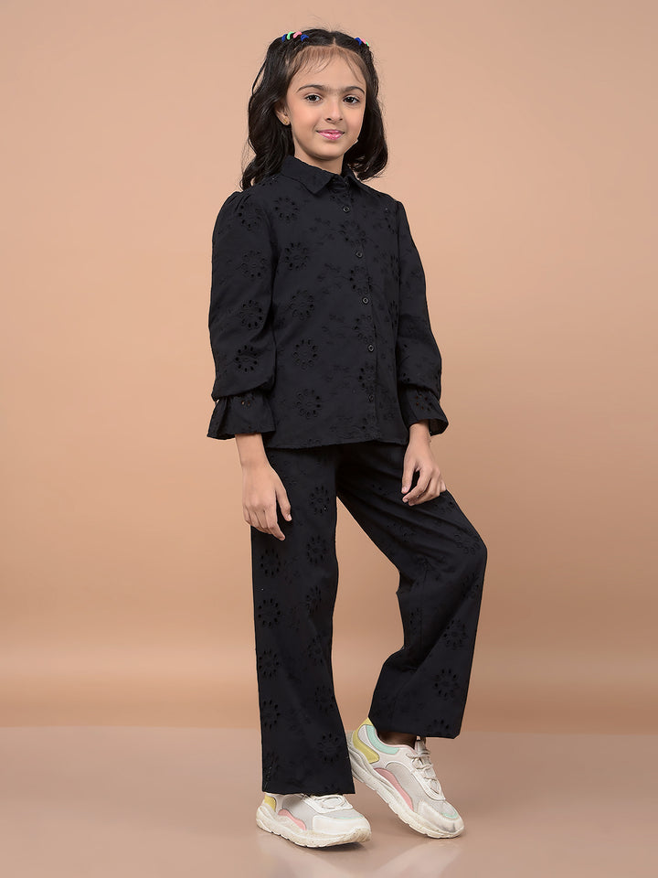 Black Floral Print 100% Cotton Co-Ord Sets-Girls Co-Ord Sets-Crimsoune Club