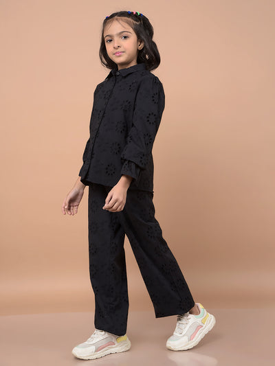 Black Floral Print 100% Cotton Co-Ord Sets-Girls Co-Ord Sets-Crimsoune Club