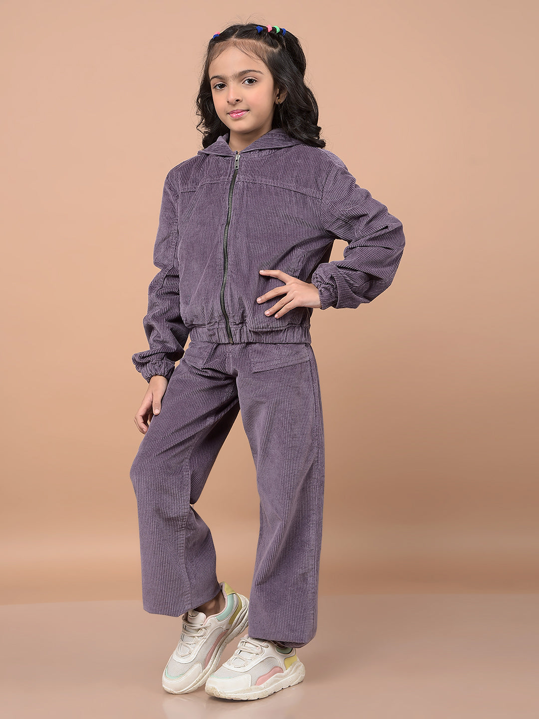 Purple Printed 100% Cotton Corduroy Co-Ord Sets-Girls Co-Ord Sets-Crimsoune Club