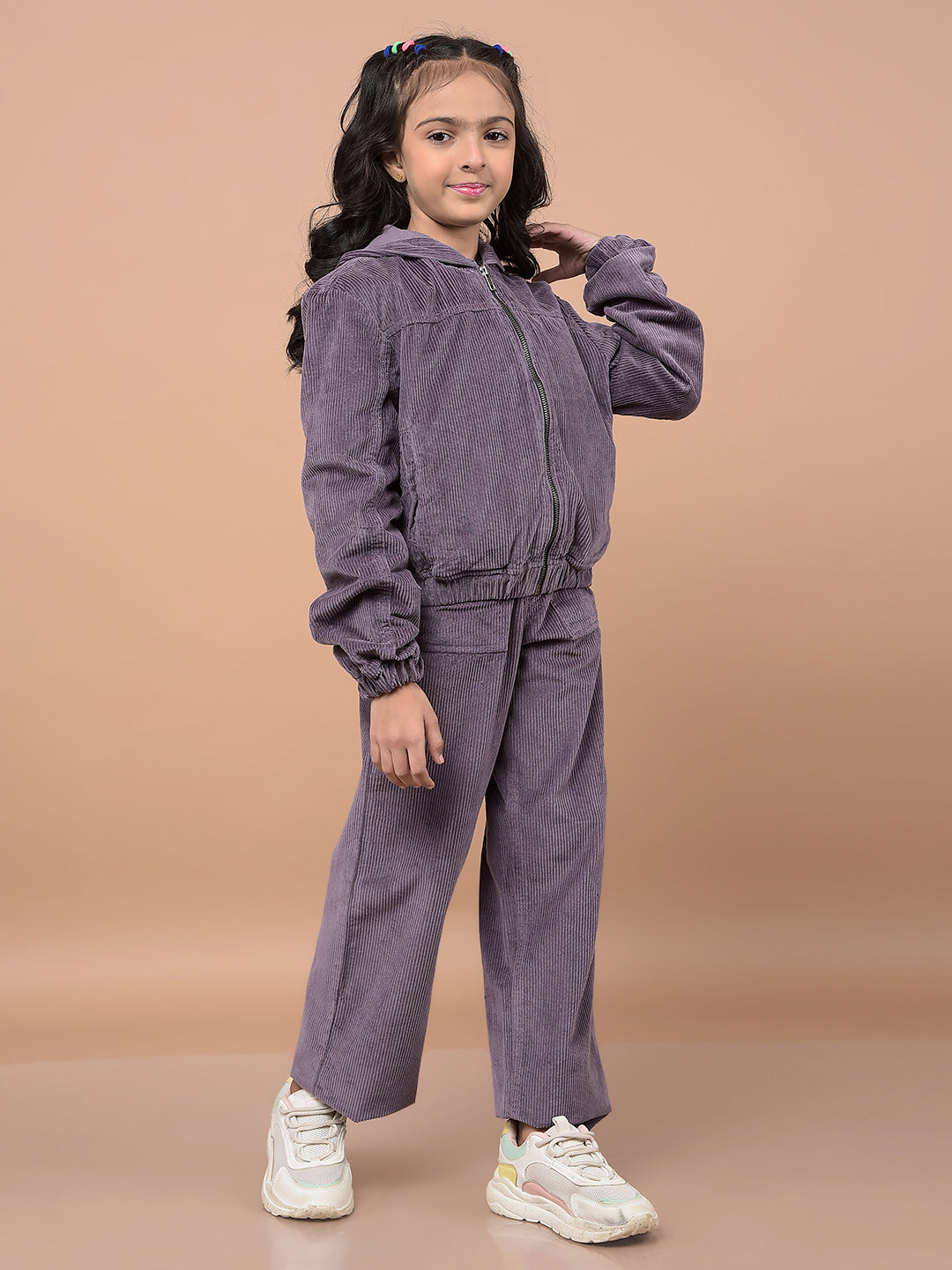 Purple Printed 100% Cotton Corduroy Co-Ord Sets-Girls Co-Ord Sets-Crimsoune Club
