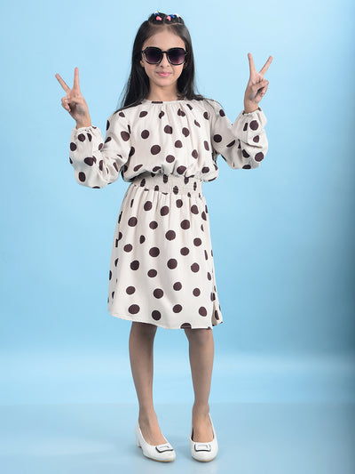 Brown Polka Dots A-Line Calf Length Dress-Girls Dresses-Crimsoune Club
