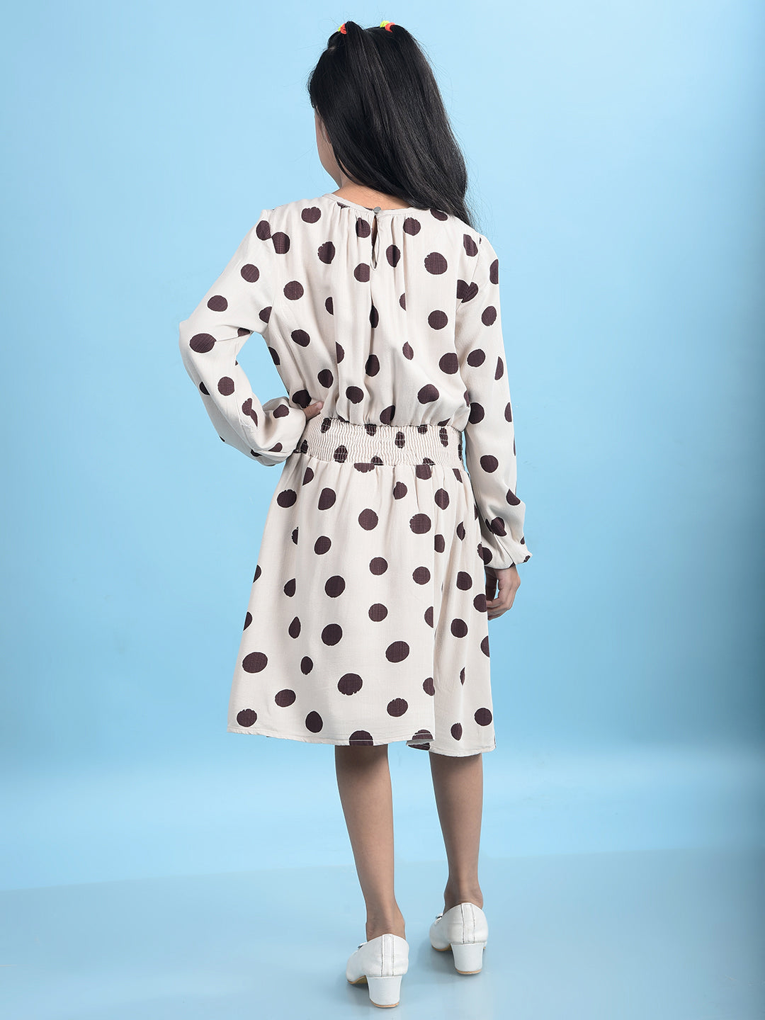 Brown Polka Dots A-Line Calf Length Dress-Girls Dresses-Crimsoune Club