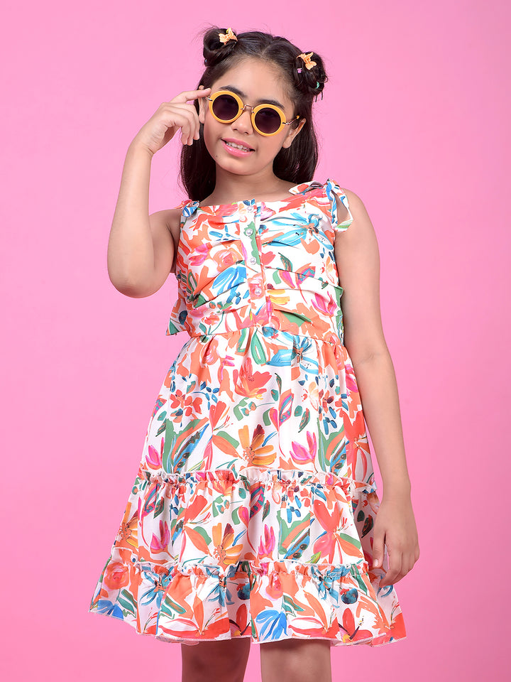Multi-Color Floral Print 100% Cotton Sleeveless A-Line Dress-Girls Dress-Crimsoune Club