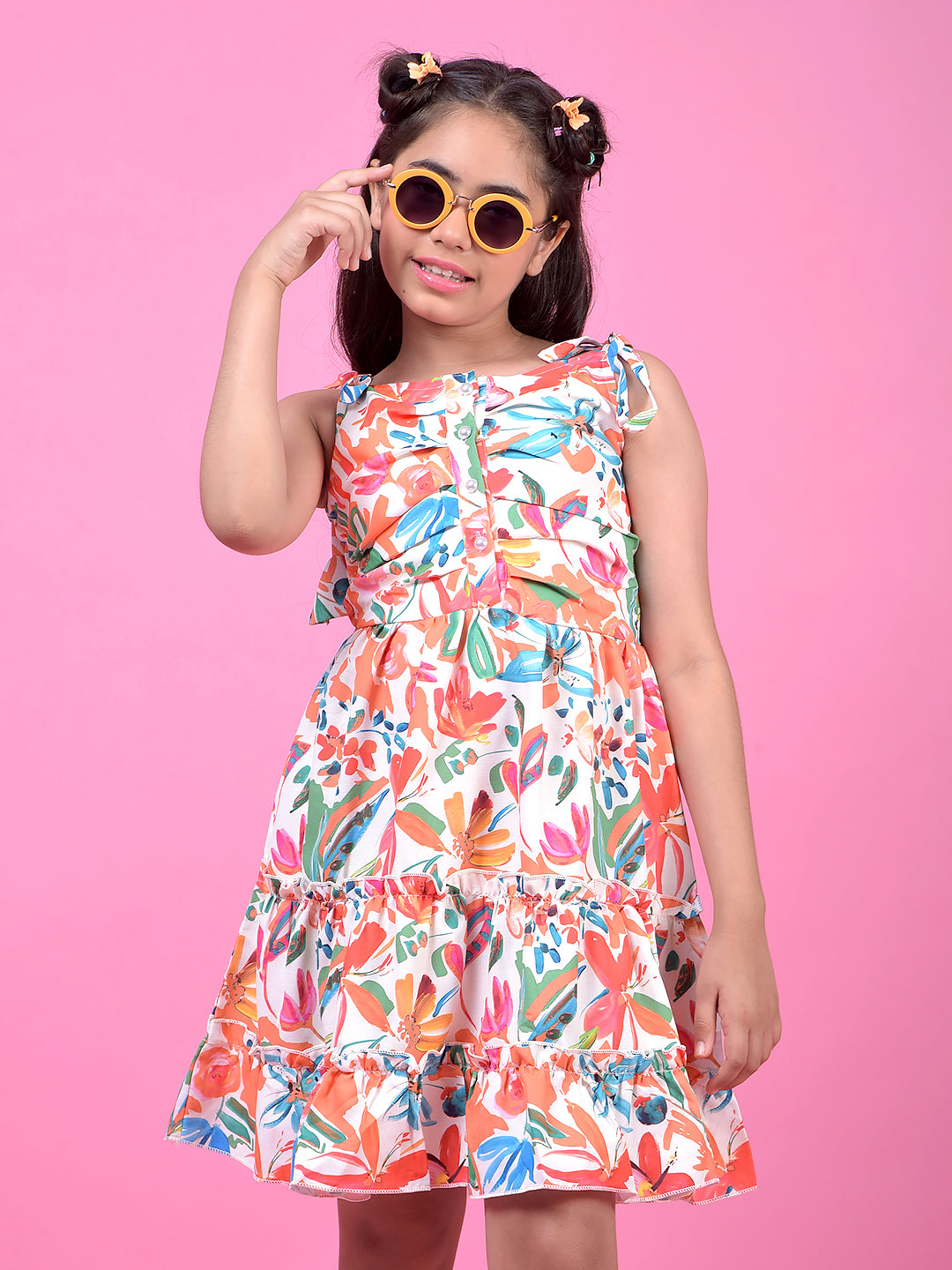 Multi-Color Floral Print 100% Cotton Sleeveless A-Line Dress-Girls Dress-Crimsoune Club