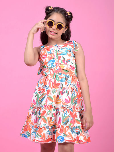 Multi-Color Floral Print 100% Cotton Sleeveless A-Line Dress-Girls Dress-Crimsoune Club