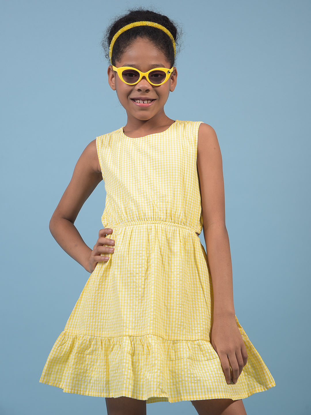 Girl's Yellow Printed Sleeveless A-Line Dress-Girls Dress-Crimsoune Club