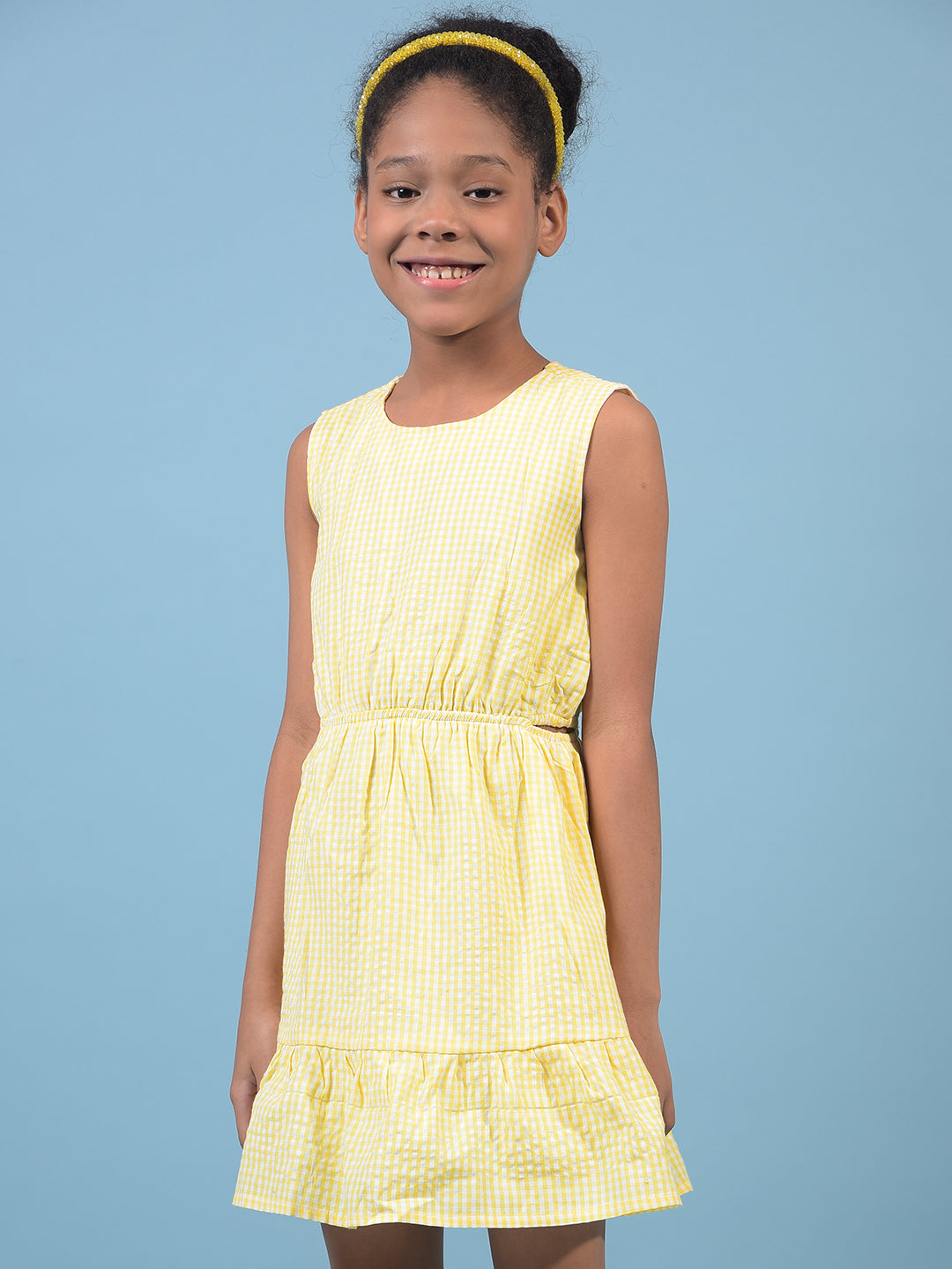Girl's Yellow Printed Sleeveless A-Line Dress-Girls Dress-Crimsoune Club