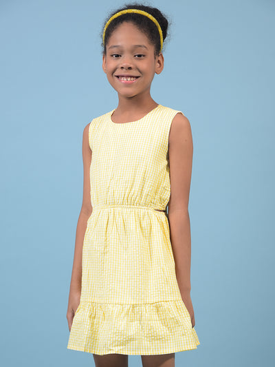 Girl's Yellow Printed Sleeveless A-Line Dress-Girls Dress-Crimsoune Club