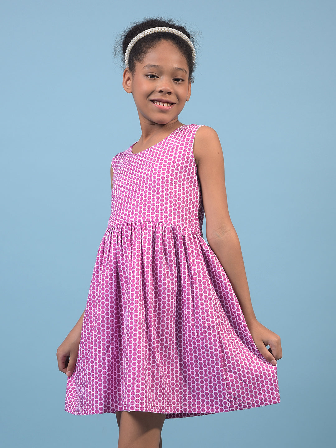 Girl's Pink Printed Sleeveless A-Line Dress-Girls Dress-Crimsoune Club