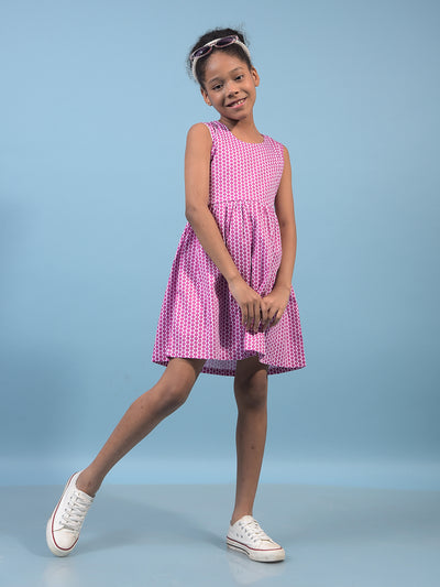 Girl's Pink Printed Sleeveless A-Line Dress-Girls Dress-Crimsoune Club