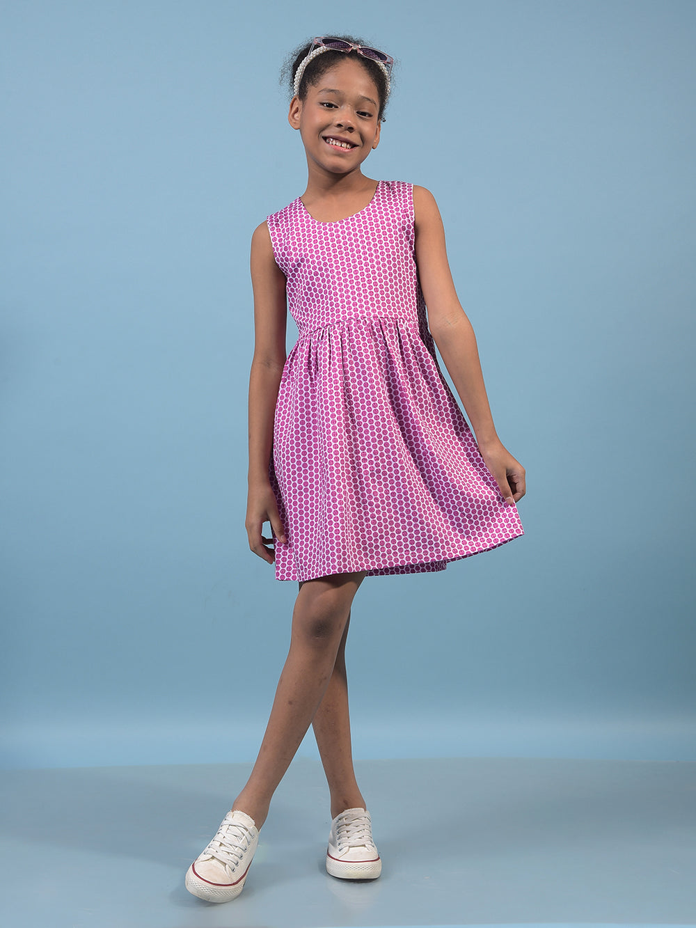 Girl's Pink Printed Sleeveless A-Line Dress-Girls Dress-Crimsoune Club