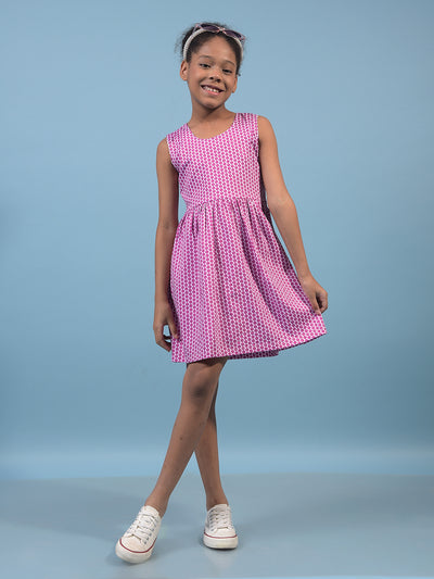 Girl's Pink Printed Sleeveless A-Line Dress-Girls Dress-Crimsoune Club