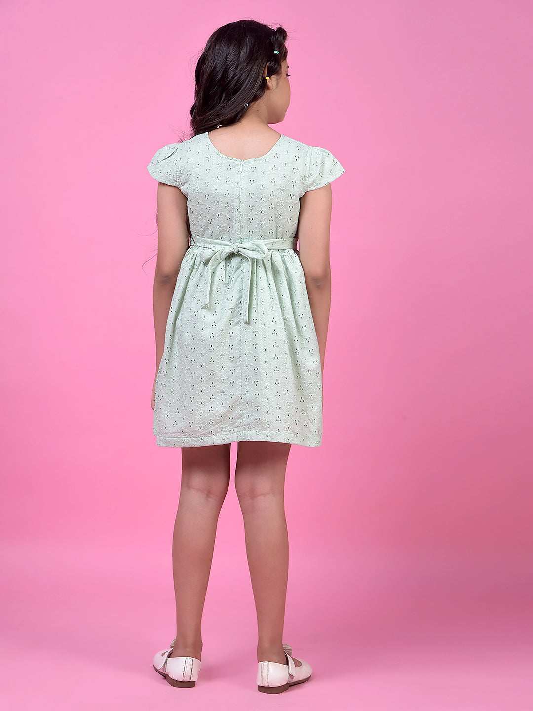 Green Embroidered A-Line Dress with Belt-Girls Dress-Crimsoune Club
