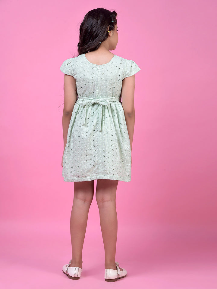 Green Embroidered A-Line Dress with Belt-Girls Dress-Crimsoune Club