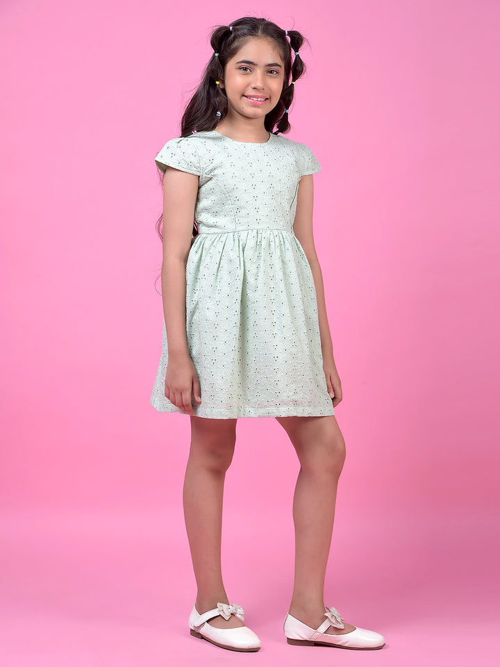 Green Embroidered A-Line Dress with Belt-Girls Dress-Crimsoune Club