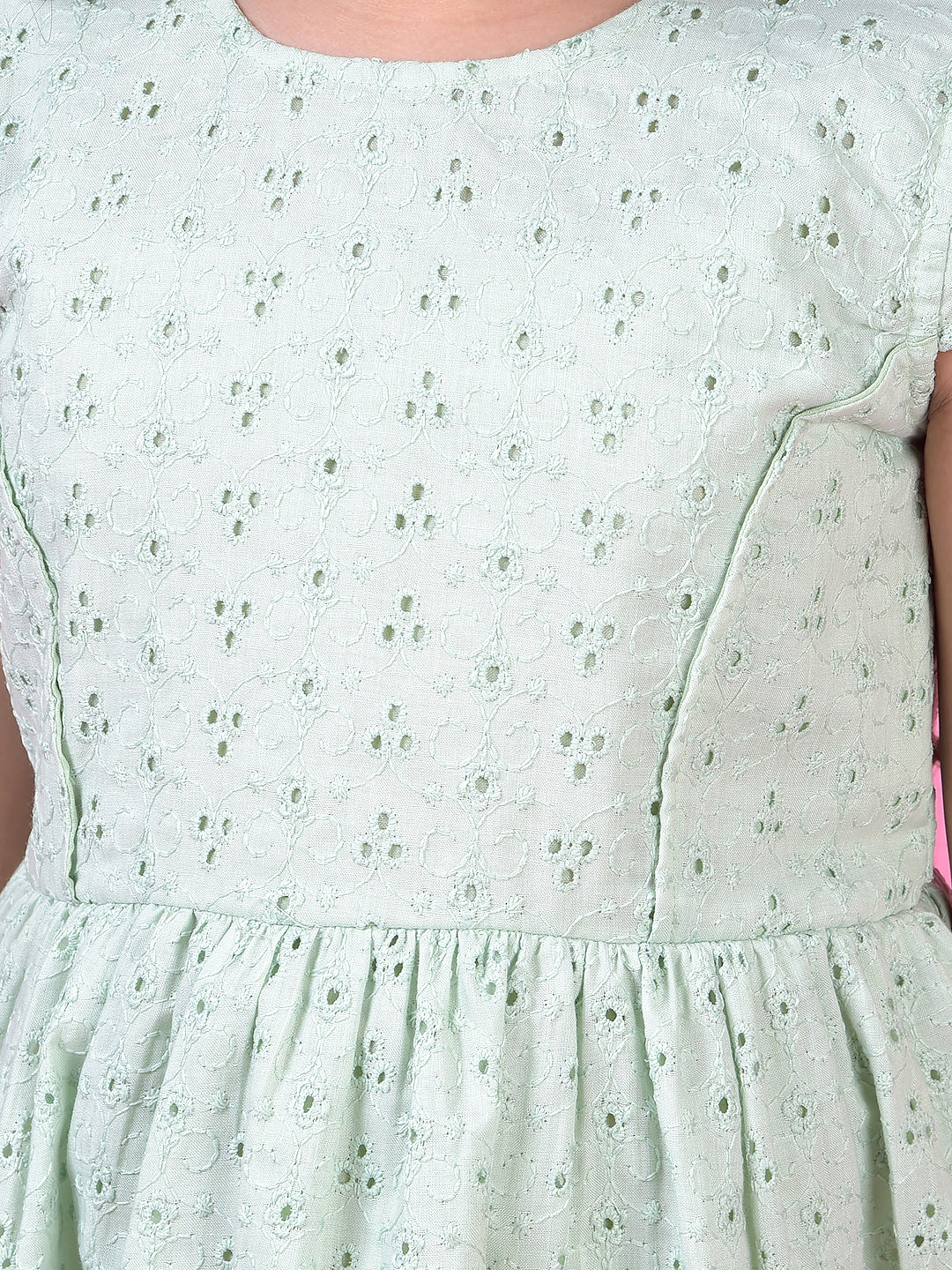 Green Embroidered A-Line Dress with Belt-Girls Dress-Crimsoune Club