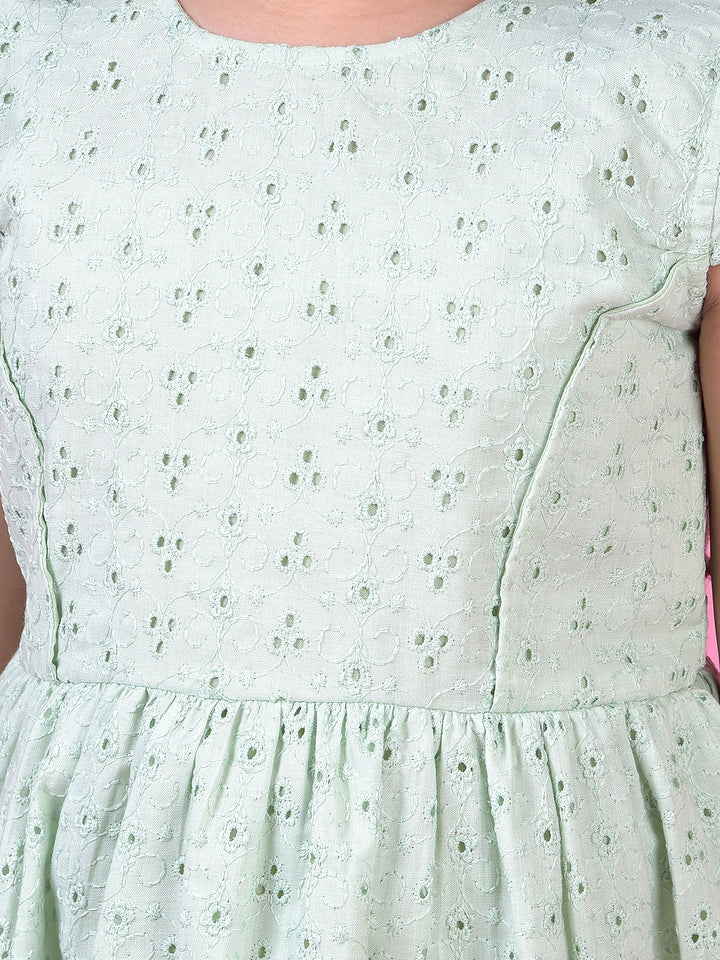 Green Embroidered A-Line Dress with Belt-Girls Dress-Crimsoune Club