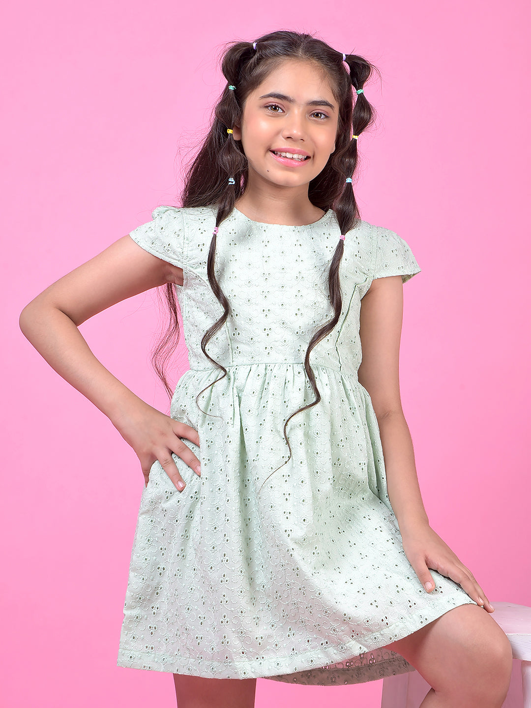 Green Embroidered A-Line Dress with Belt-Girls Dress-Crimsoune Club