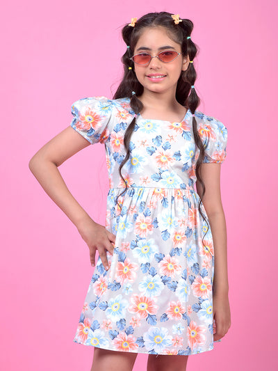 Multi-Color Floral Print Square Neck 100% Cotton A-Line Dress with Belt-Girls Dress-Crimsoune Club
