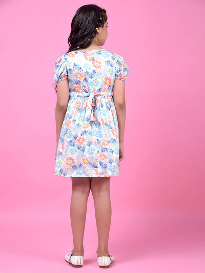 Multi-Color Floral Print Square Neck 100% Cotton A-Line Dress with Belt-Girls Dress-Crimsoune Club