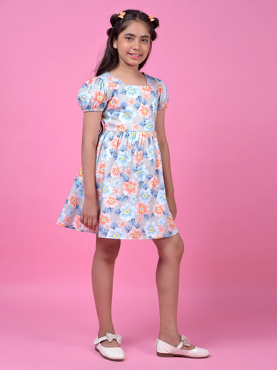 Multi-Color Floral Print Square Neck 100% Cotton A-Line Dress with Belt-Girls Dress-Crimsoune Club
