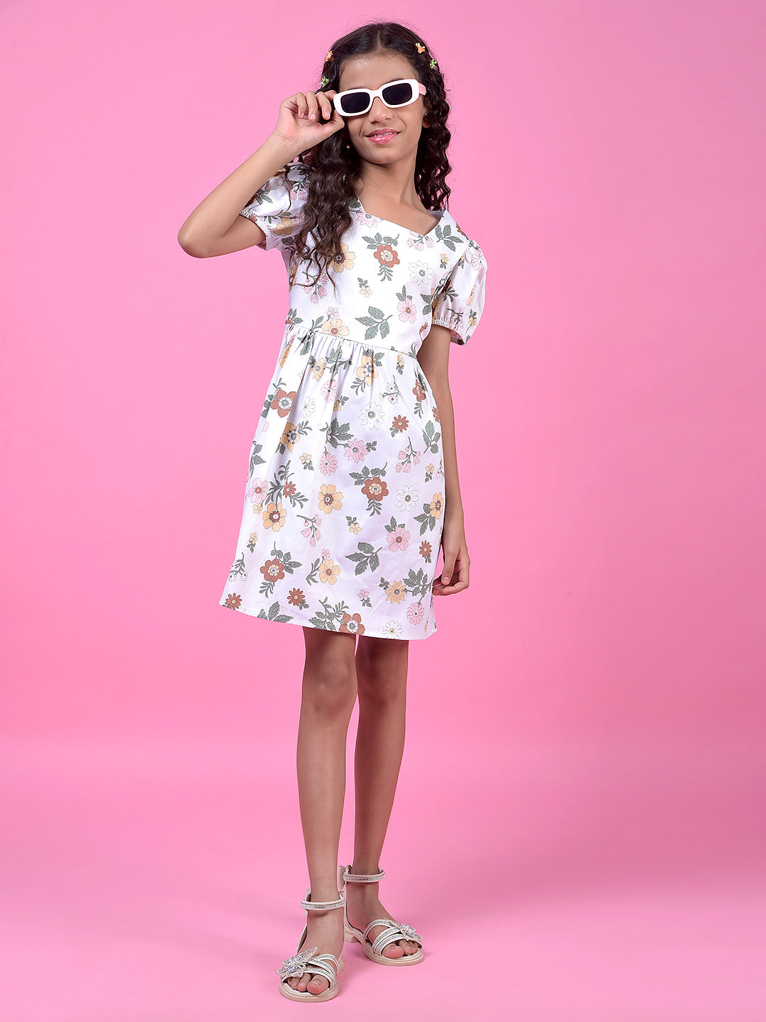 Off White Floral Print Square Neck 100% Cotton A-Line Dress with Belt-Girls Dress-Crimsoune Club