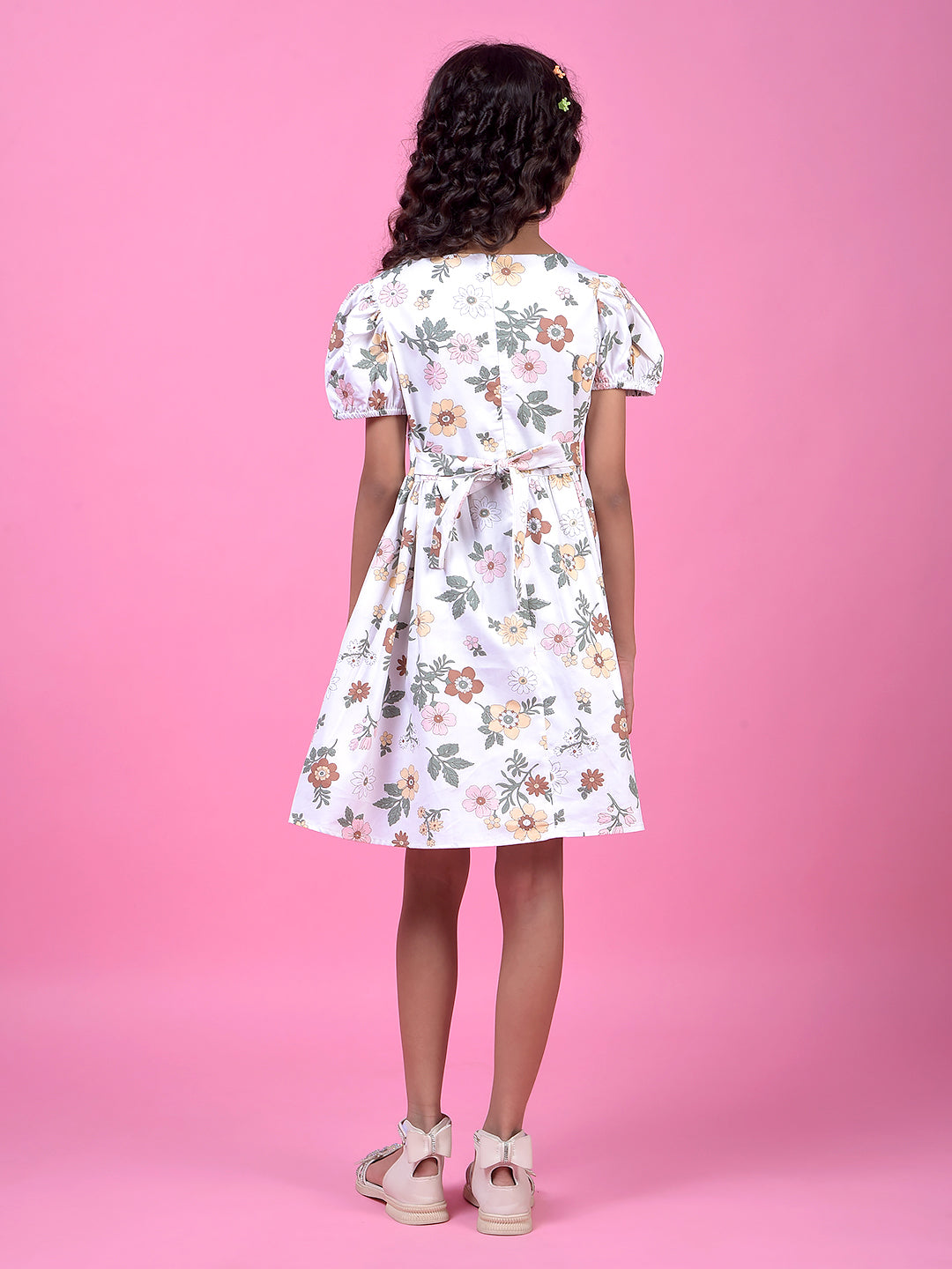 Off White Floral Print Square Neck 100% Cotton A-Line Dress with Belt-Girls Dress-Crimsoune Club