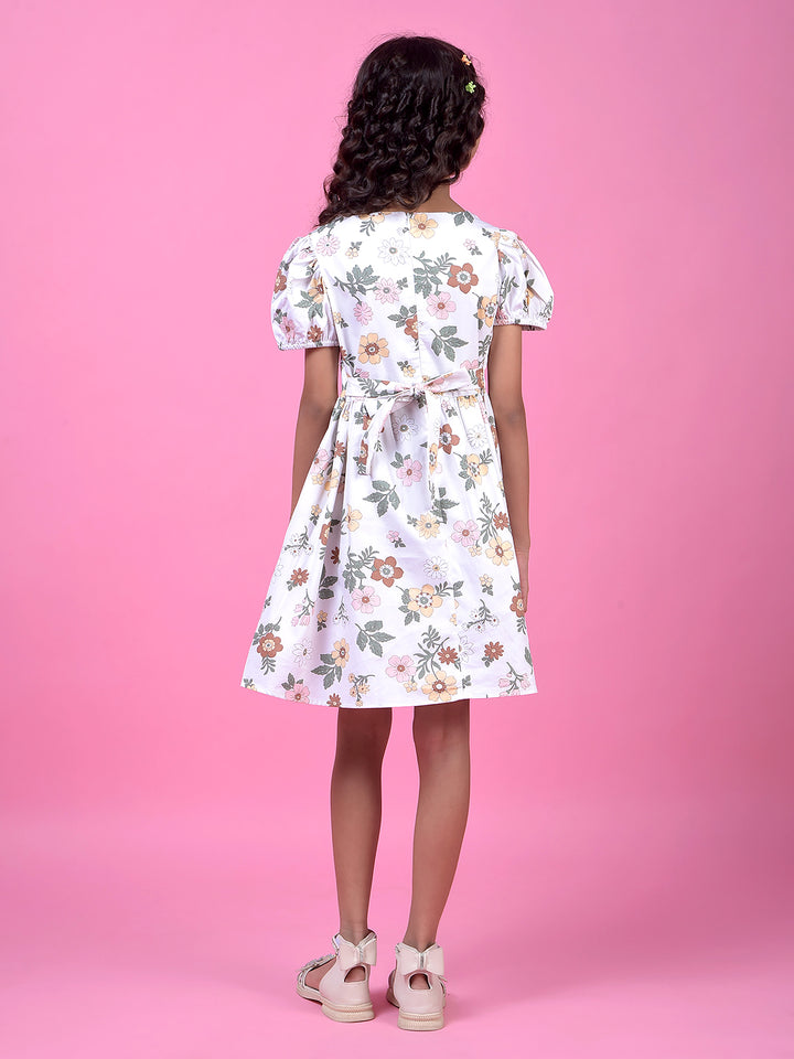 Off White Floral Print Square Neck 100% Cotton A-Line Dress with Belt-Girls Dress-Crimsoune Club