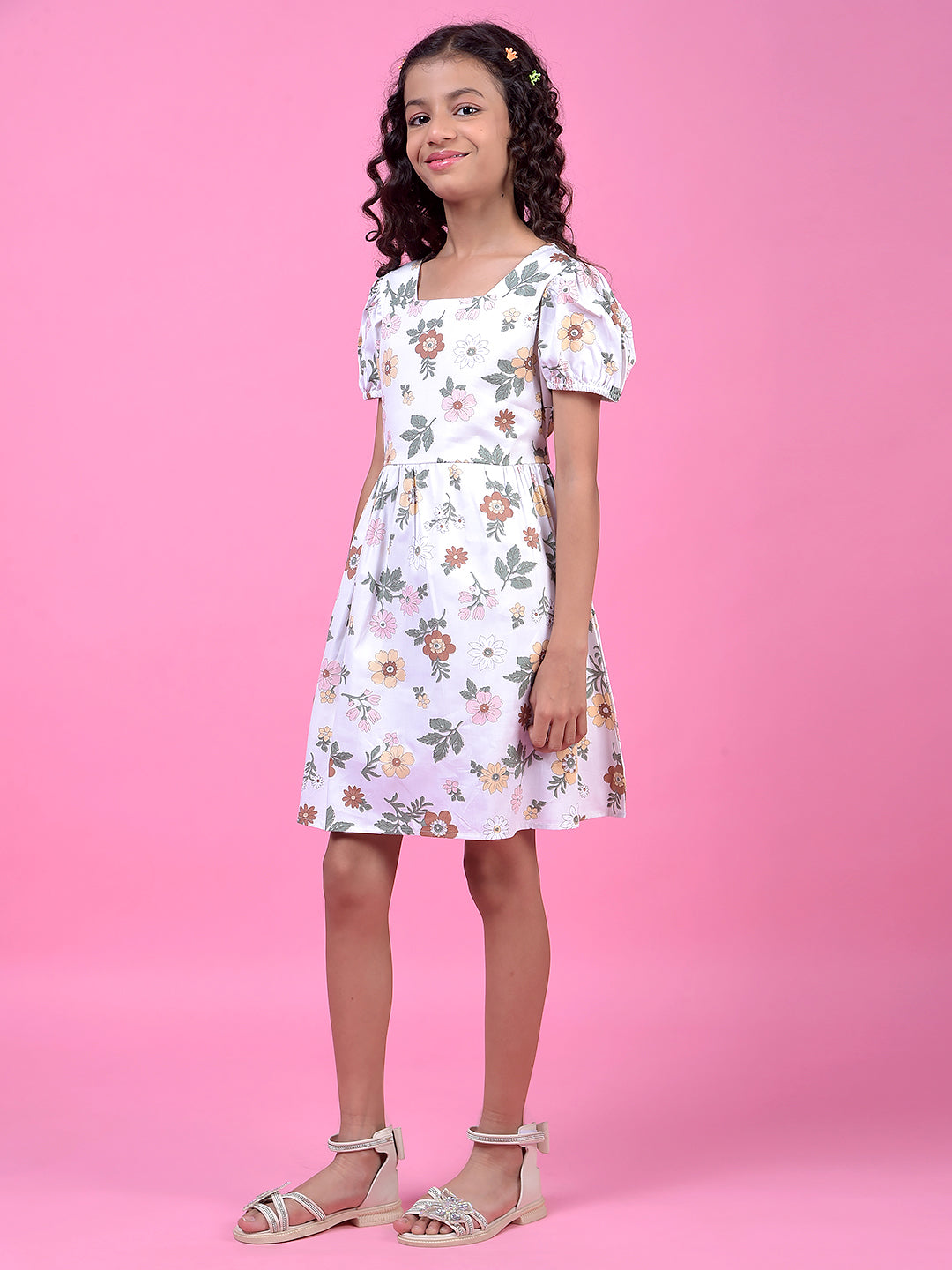 Off White Floral Print Square Neck 100% Cotton A-Line Dress with Belt-Girls Dress-Crimsoune Club