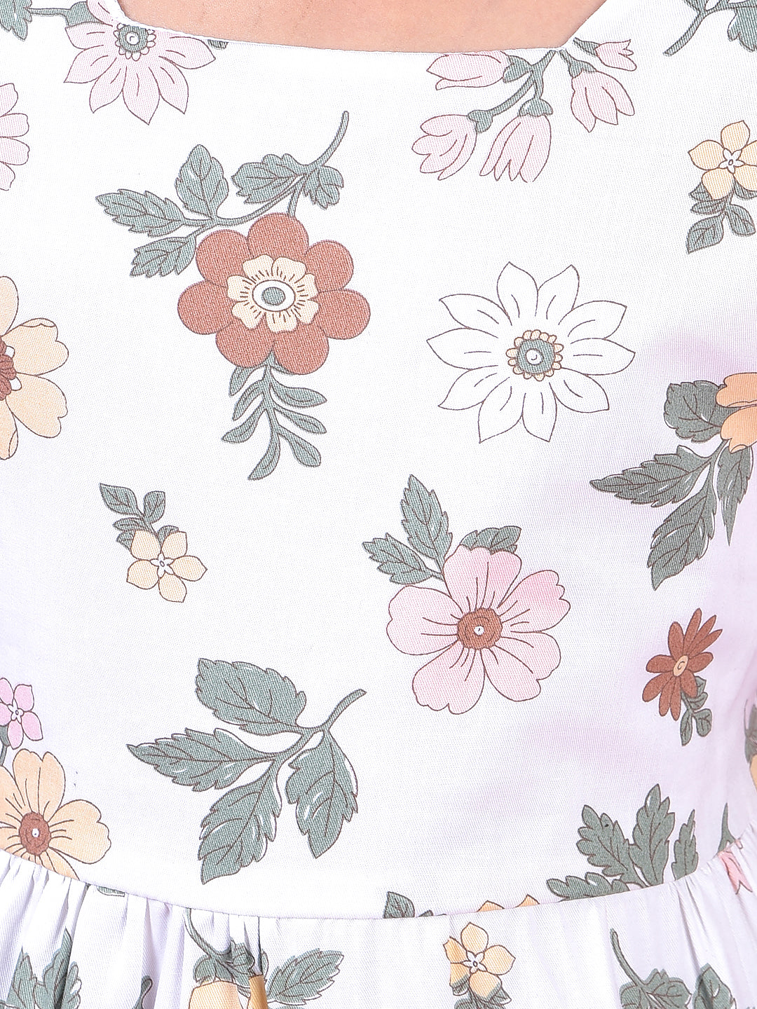 Off White Floral Print Square Neck 100% Cotton A-Line Dress with Belt-Girls Dress-Crimsoune Club