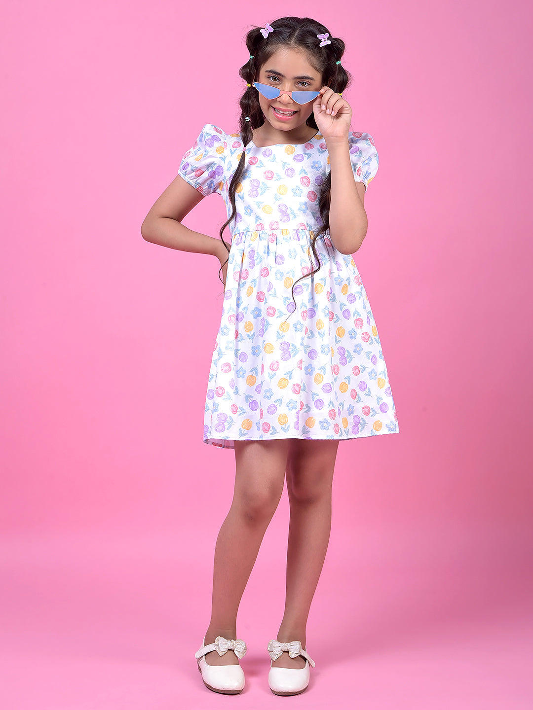 Multi-Color Floral Print Square Neck 100% Cotton A-Line Dress with Belt-Girls Dress-Crimsoune Club