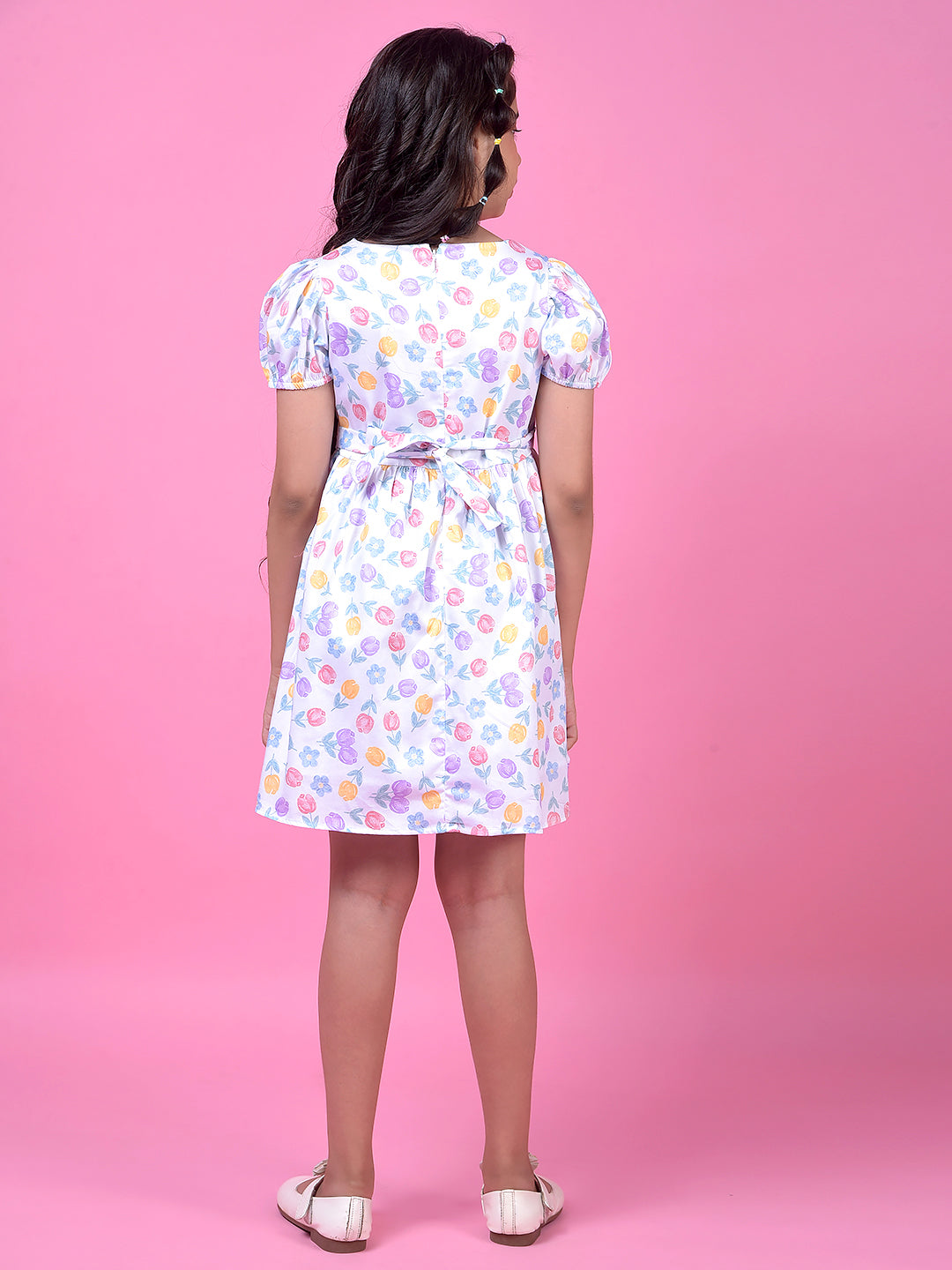 Multi-Color Floral Print Square Neck 100% Cotton A-Line Dress with Belt-Girls Dress-Crimsoune Club