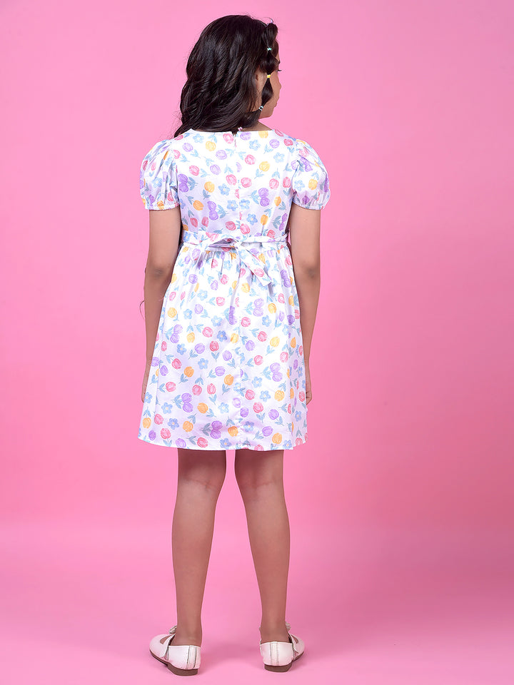 Multi-Color Floral Print Square Neck 100% Cotton A-Line Dress with Belt-Girls Dress-Crimsoune Club