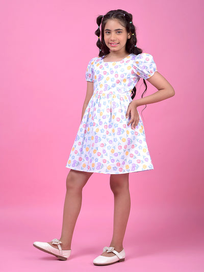 Multi-Color Floral Print Square Neck 100% Cotton A-Line Dress with Belt-Girls Dress-Crimsoune Club