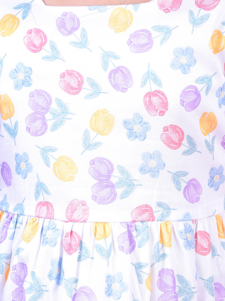 Multi-Color Floral Print Square Neck 100% Cotton A-Line Dress with Belt-Girls Dress-Crimsoune Club