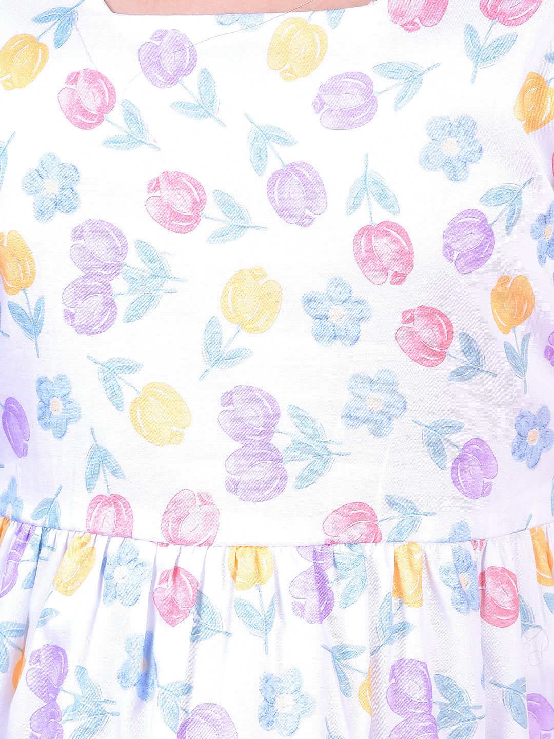 Multi-Color Floral Print Square Neck 100% Cotton A-Line Dress with Belt-Girls Dress-Crimsoune Club