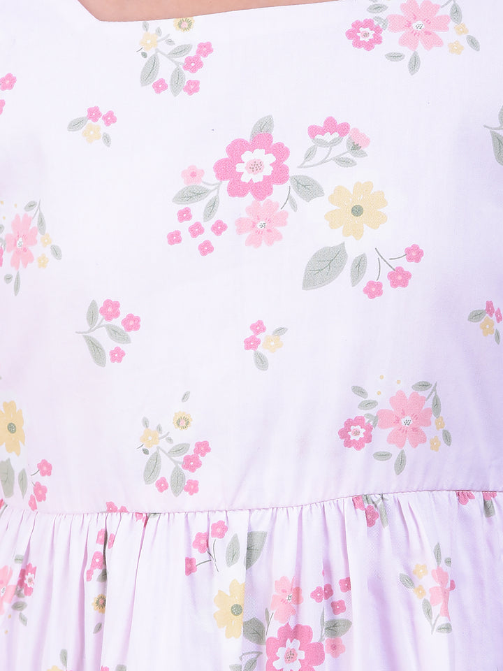 Pink Floral Print Square Neck 100% Cotton A-Line Dress with Belt-Girls Dress-Crimsoune Club