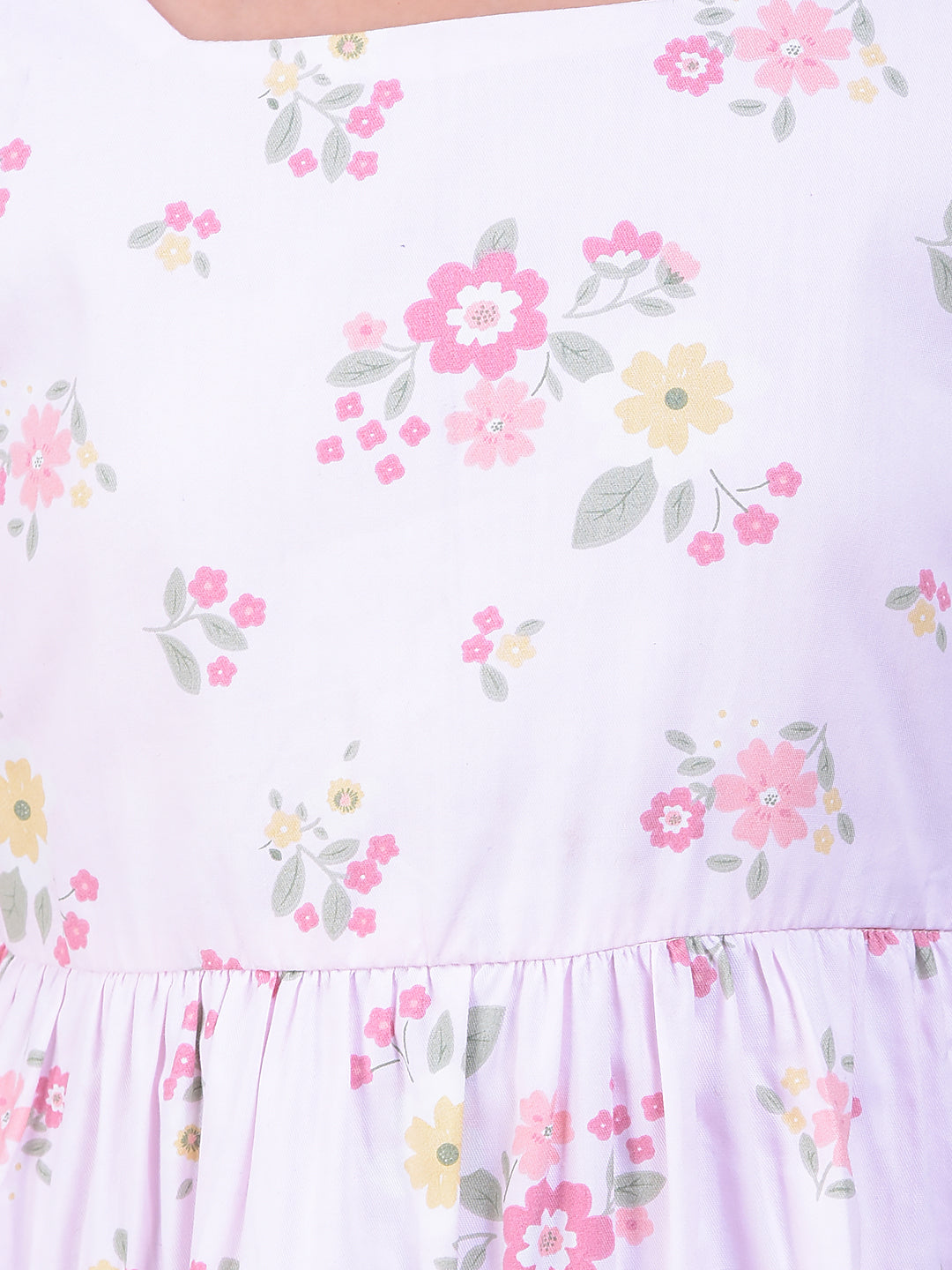 Pink Floral Print Square Neck 100% Cotton A-Line Dress with Belt-Girls Dress-Crimsoune Club