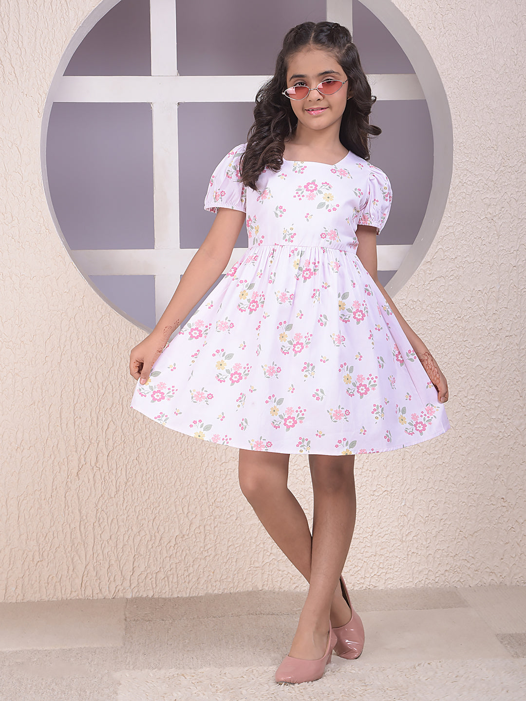 Pink Floral Print Square Neck 100% Cotton A-Line Dress with Belt-Girls Dress-Crimsoune Club