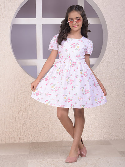 Pink Floral Print Square Neck 100% Cotton A-Line Dress with Belt-Girls Dress-Crimsoune Club