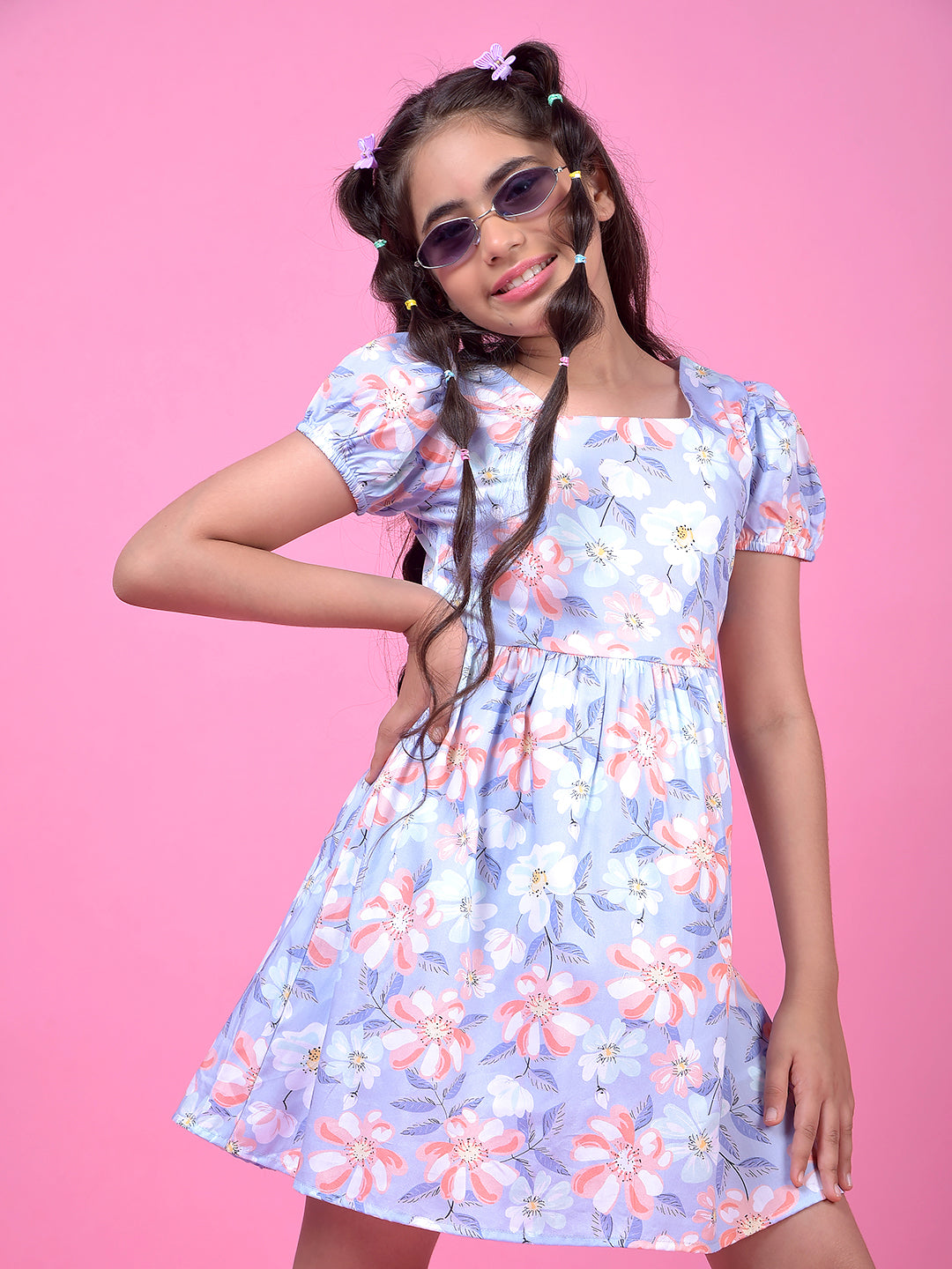 Purple Floral Print Square Neck 100% Cotton A-Line Dress with Belt-Girls Dress-Crimsoune Club