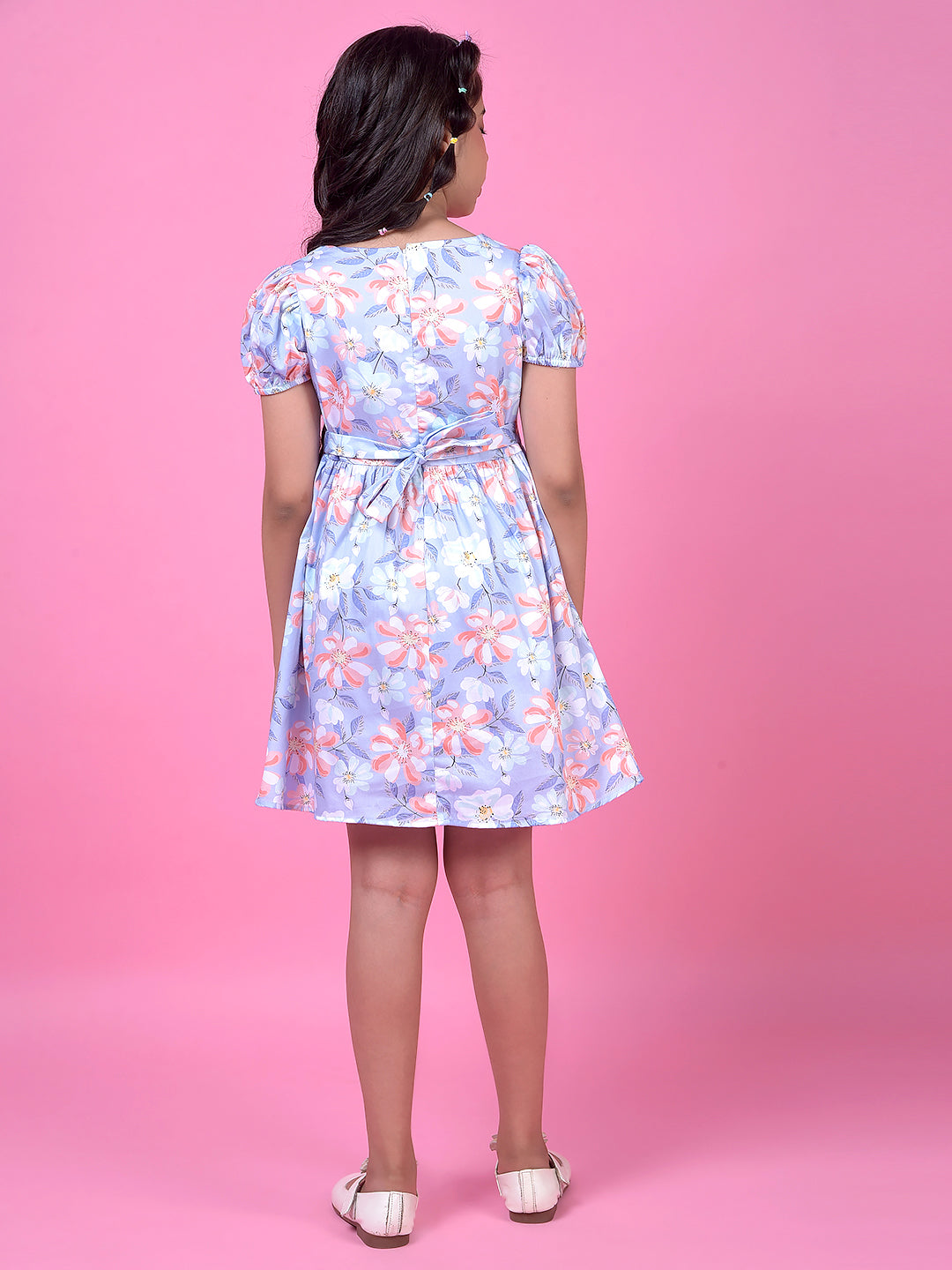 Purple Floral Print Square Neck 100% Cotton A-Line Dress with Belt-Girls Dress-Crimsoune Club