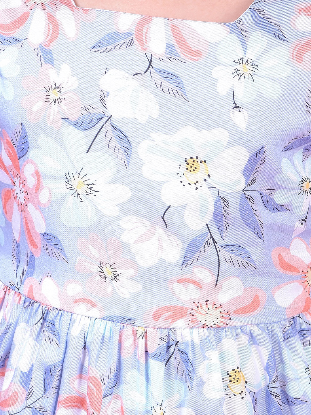 Purple Floral Print Square Neck 100% Cotton A-Line Dress with Belt-Girls Dress-Crimsoune Club