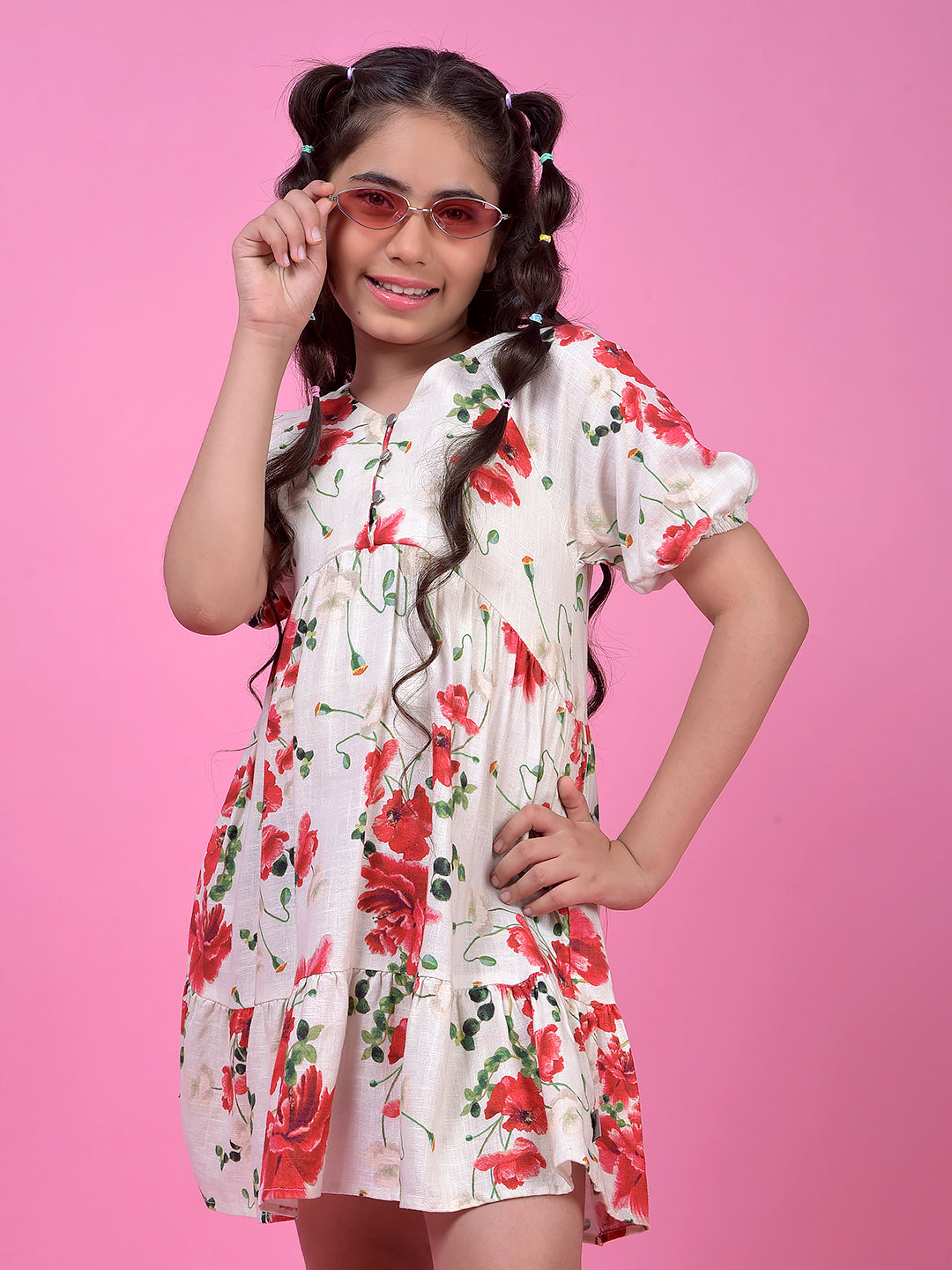 Red Floral Print Linen A-Line Dress-Girls Dress-Crimsoune Club