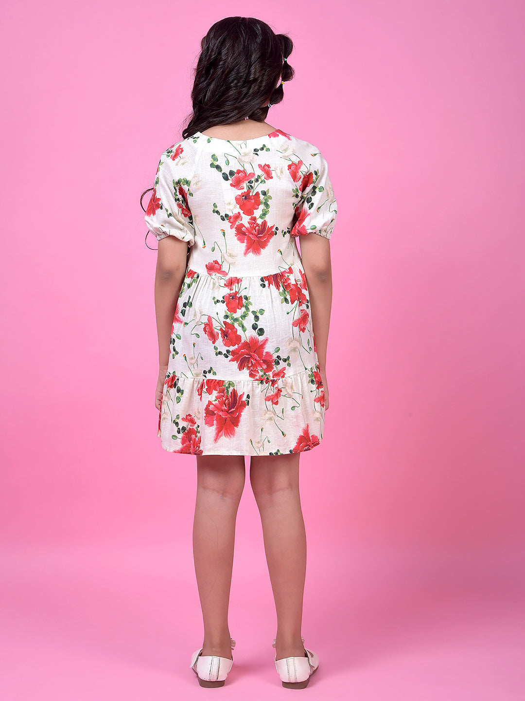 Red Floral Print Linen A-Line Dress-Girls Dress-Crimsoune Club