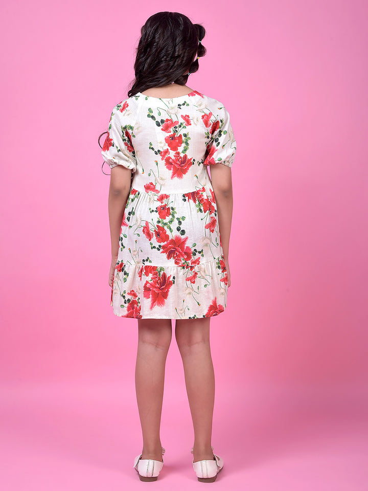 Red Floral Print Linen A-Line Dress-Girls Dress-Crimsoune Club