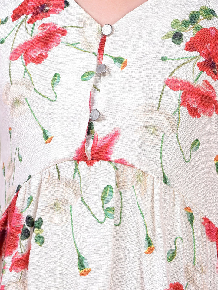 Red Floral Print Linen A-Line Dress-Girls Dress-Crimsoune Club