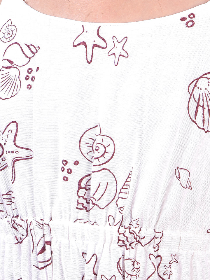 White Printed Linen Sleeveless A-Line Dress-Girls Dress-Crimsoune Club